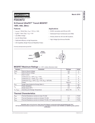 Fairchild FDD3672 N-Channel MOSFET Datasheet - cover page