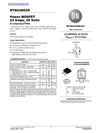 ON Semiconductor NTB23N03R Power MOSFET Datasheet - cover page