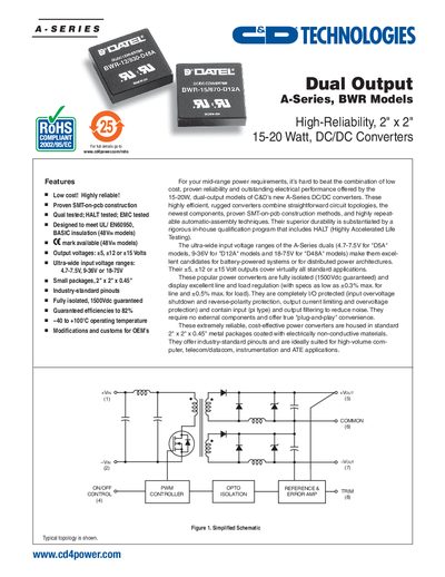 TECHNOLOGIES Dual Output A-Series BWR Models High-Reliability 2" x 2" 15-20 Watt DC/DC Converters Manual