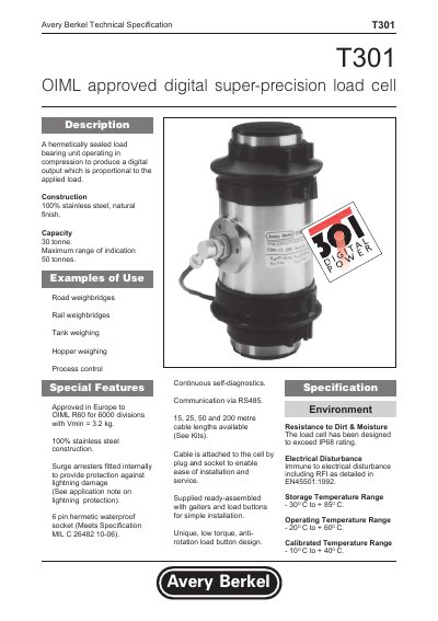 Avery Berkel T301 Digital Load Cell Technical Specification - cover page