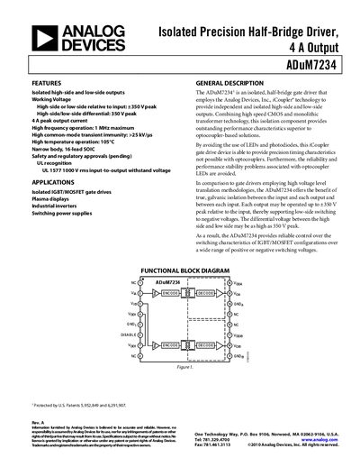 Analog Devices ADuM7234 Isolated Half-Bridge Driver Datasheet - cover page