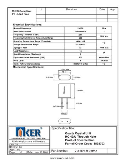AKER - aker-usa.com 11-3 Chien-Kuo Rd T.E.P.Z. 4027 Taiwan ROC C-2.4576-18-3050-X Manual - cover page
