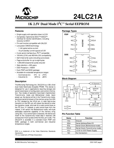 Microchip 24LC21A 1K 2.5V Dual Mode I2C Serial EEPROM Datasheet - cover page