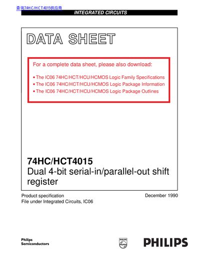 PHILIPS 74HC/HCT4015 Dual 4-bit serial-in/parallel-out shift register handbook - cover page