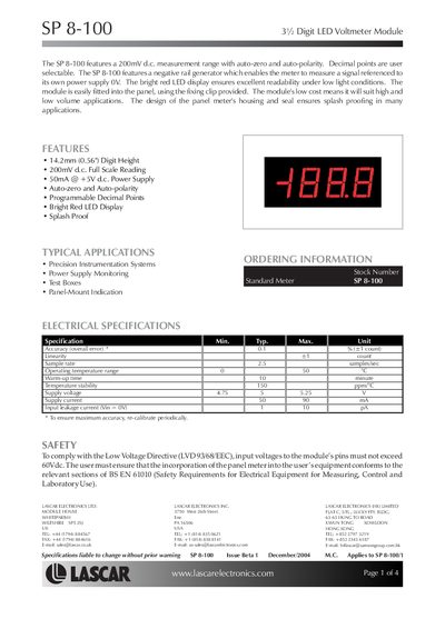 Lascar SP 8-100 LED Voltmeter Module Datasheet - cover page