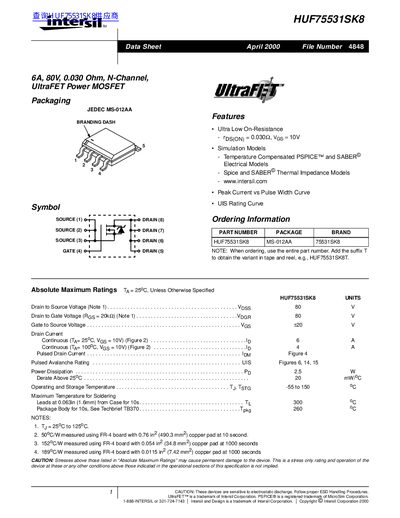 Intersil HUF75531SK8 UltraFET Power MOSFET Datasheet - cover page