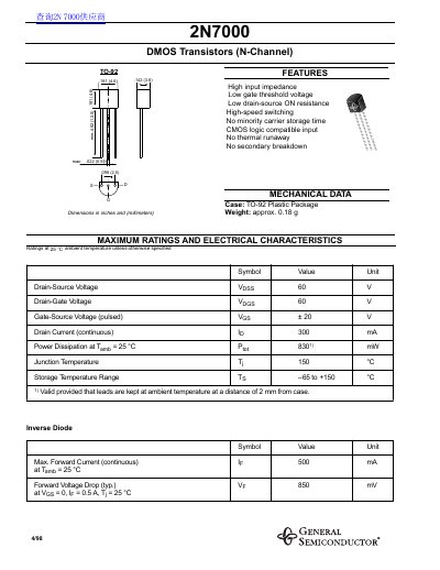 General Semiconductor 2N7000 DMOS Transistor Datasheet - cover page