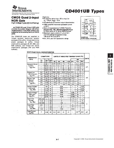Texas Instruments CD4001UB Quad 2-Input NOR Gate Datasheet - cover page