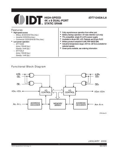 Integrated Device Technology IDT7134SA/LA Datasheet - cover page