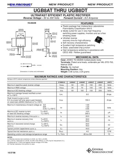 General Semiconductor UGB8AT THRU UGB8DT Ultrafast Rectifier Datasheet - cover page