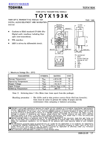 Toshiba TOTX193K Fiber Optic Transmitting Module Datasheet