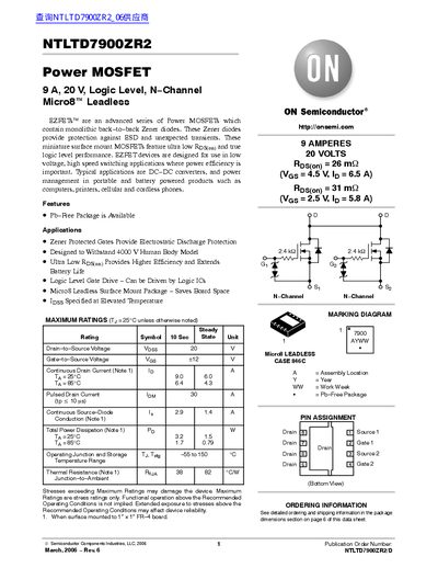 ON Semiconductor NTLTD7900ZR2 Power MOSFET Datasheet - cover page