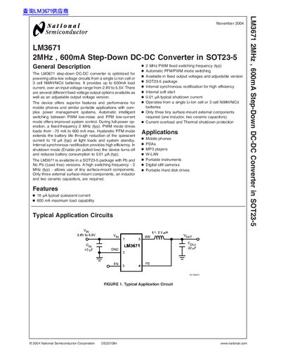 National Semiconductor LM3671 2MHz 600mA Step-Down DC-DC Converter in SOT23-5 Handbook