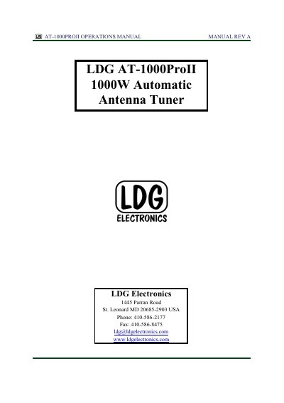 LDG AT-1000ProII Automatic Antenna Tuner Operations Manual - cover page