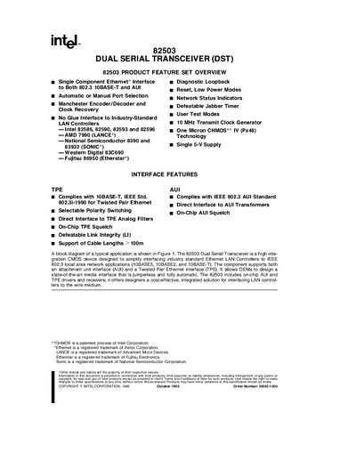 Intel 82503 Dual Serial Transceiver (DST) Datasheet - cover page
