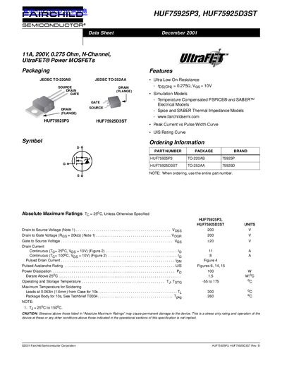 Fairchild Semiconductor HUF75925P3/HUF75925D3ST UltraFET Power MOSFETs Data Sheet - cover page