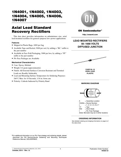 ON Semiconductor 1N4001‑1N4007 Axial Lead Standard Recovery Rectifiers Datasheet - cover page