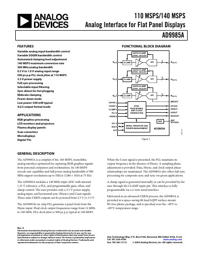 Analog Devices AD9985A Analog Interface Datasheet - cover page