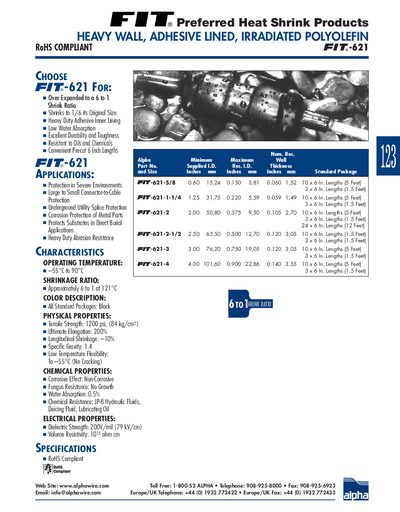 Alpha Wire FIT-621 Heavy Wall Adhesive Lined Heat Shrink Product Data Sheet - cover page