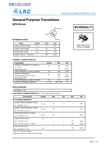 LESHAN RADIO COMPANY BCW65ALT1 General Purpose Transistor Datasheet - cover page