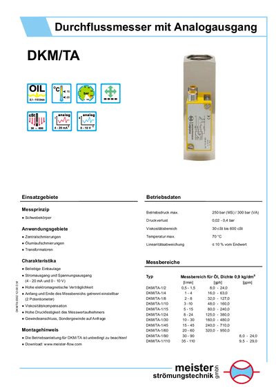 Meister DKM/TA Flow Meter Datasheet - cover page