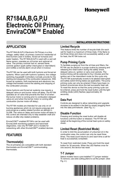 Honewell R7184A B G P U Electronic Oil Primary EnviraCOM Enabled handbook - cover page