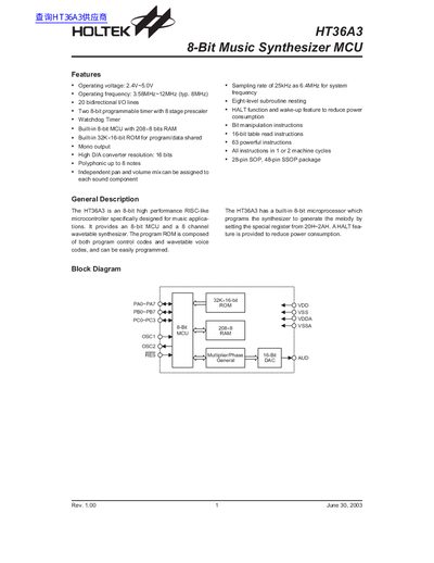 Holtek HT36A3 8-Bit Music Synthesizer MCU Datasheet - cover page