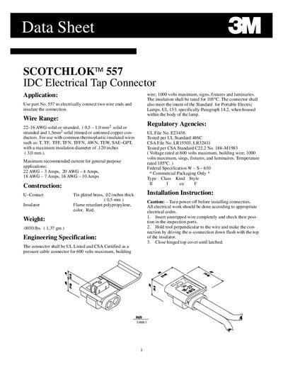 3M SCOTCHLOK 557 IDC Electrical Tap Connector Data Sheet - cover page