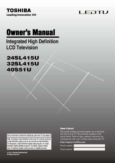 Toshiba 24SL415U / 32SL415U / 40S51U Integrated High Definition LCD Television Owner’s Manual - cover page