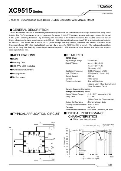 Torex XC9515Series 2 channel Synchronous Step-Down DC/DC Converter with Manual Reset Manual - cover page