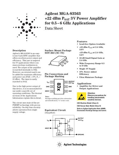 Agilent MGA-83563 22 dBm 3V Power Amplifier Data Sheet - cover page