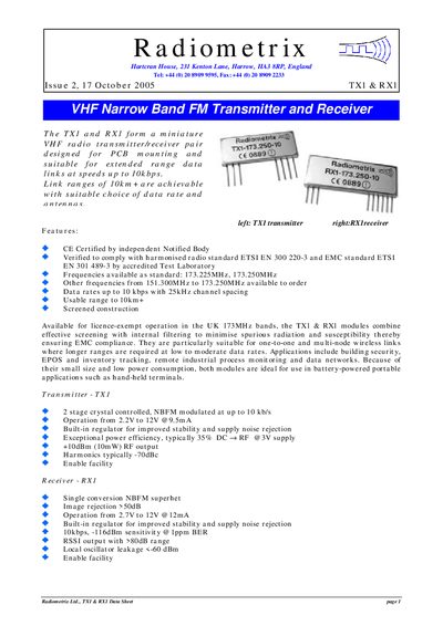 Radiometrix TX1 & RX1 VHF Narrow Band FM Transmitter and Receiver Data Sheet - cover page