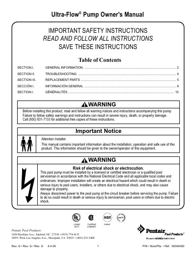 Pentair Ultra-Flow Pump Owner's Manual - cover page