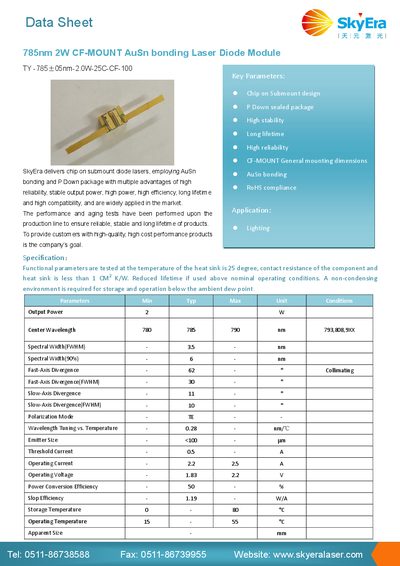 SkyEra TY-785±05nm-2.0W-25C-CF-100 Laser Diode Module Data Sheet - cover page