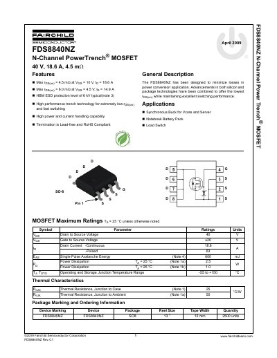 Fairchild FDS8840NZ N-Channel PowerTrench MOSFET Datasheet - cover page