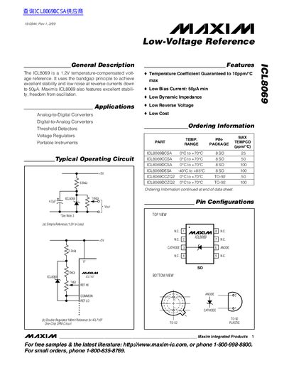Maxim ICL8069 Low-Voltage Reference Datasheet - cover page