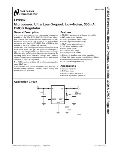 National Semiconductor LP3982 Micropower Ultra Low-Dropout Low-Noise 300mA CMOS Regulator Manual - cover page