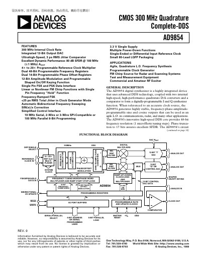Analog Devices AD9854 300 MHz Quadrature Complete‑DDS Manual - cover page