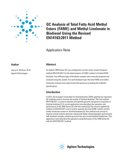 Agilent 7890 Series GC Application Note for EN14103:2011 - cover page