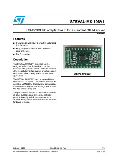 ST STEVAL-MKI106V1 LSM303DLHC adapter board for a standard DIL24 socket handbook