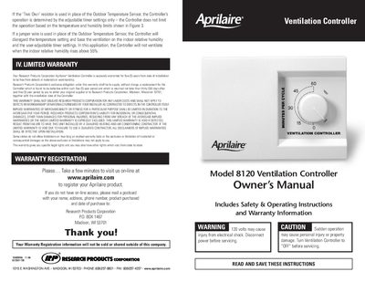Aprilaire Model 8126 Ventilation Control System owner's Manual - cover page