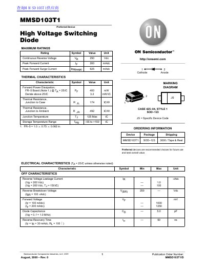 ON Semiconductor MMSD103T1 High Voltage Switching Diode Datasheet - cover page