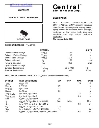 Central Semiconductor CMPT5179 NPN Silicon RF Transistor Datasheet - cover page