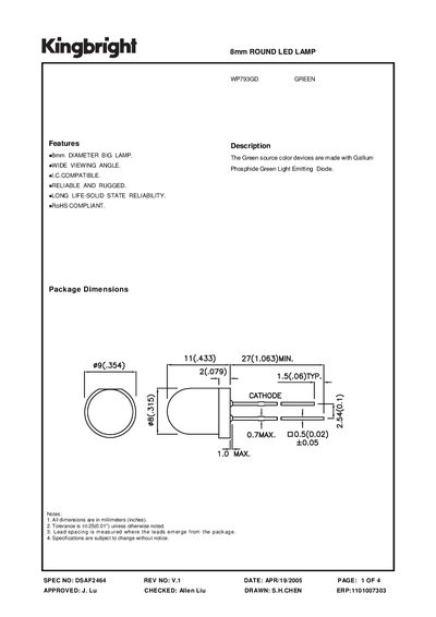 KINGBRIGHT - SPEC NO: DSAF2464 REV NO: V.1 DATE: APR/19/2005 8mm ROUND LED LAMP handbook - cover page