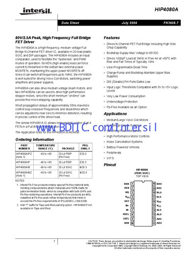 Intersil HIP4080A FET Driver Datasheet - cover page