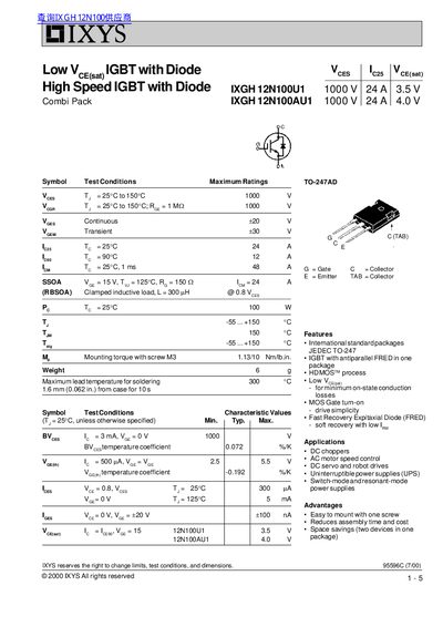 IXYS IXGH12N100U1/IXGH12N100AU1 IGBT with Diode Datasheet - cover page