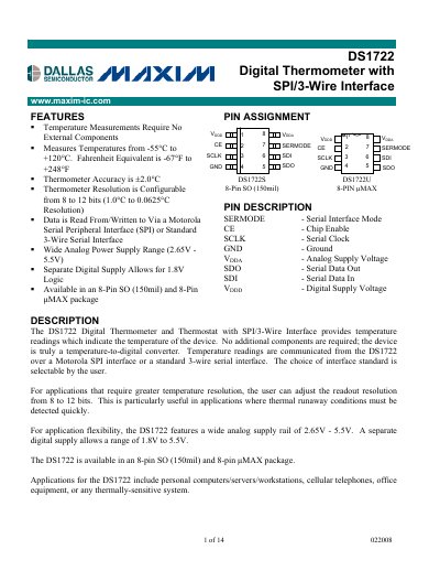MAXIM DS1722 Digital Thermometer with SPI/3-Wire Interface Manual - cover page