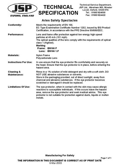 Aries Safety Spectacles Technical Specification - cover page