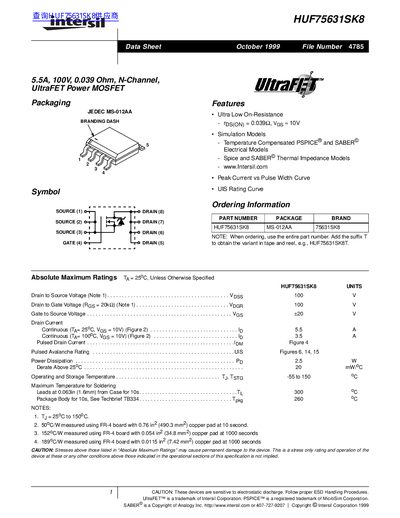 Intersil HUF75631SK8 UltraFET Power MOSFET Data Sheet - cover page