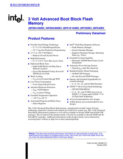 intel 3 Volt Advanced Boot Block Flash Memory 28F004/400B3 28F008/800B3 28F016/160B3 28F320B3 28F640B3 Data sheet - cover page